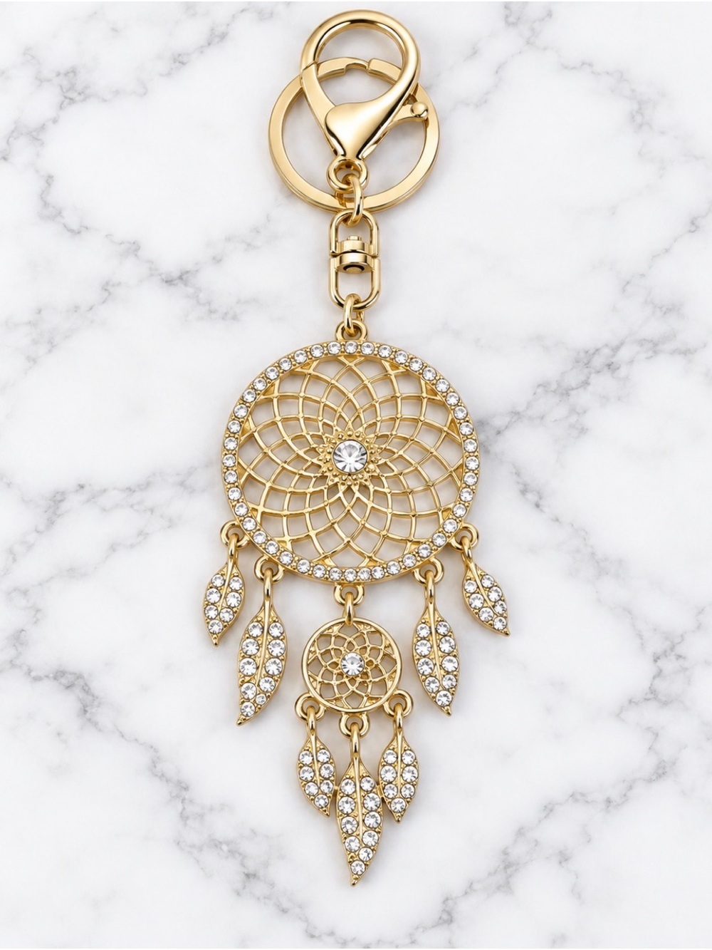 White Crystal Dreamcatcher Bag Charm/Keyring With Feather Accents-Gold Hardware